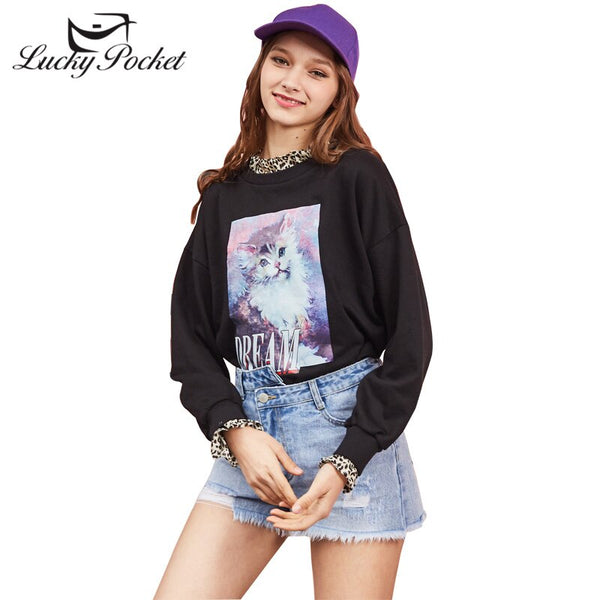 2019 Women Spring Autumn Black Sweatshirt Cat Print Casual Loose Top Brand Female Long Sleeve O-Neck Cotton Pullovers LY652