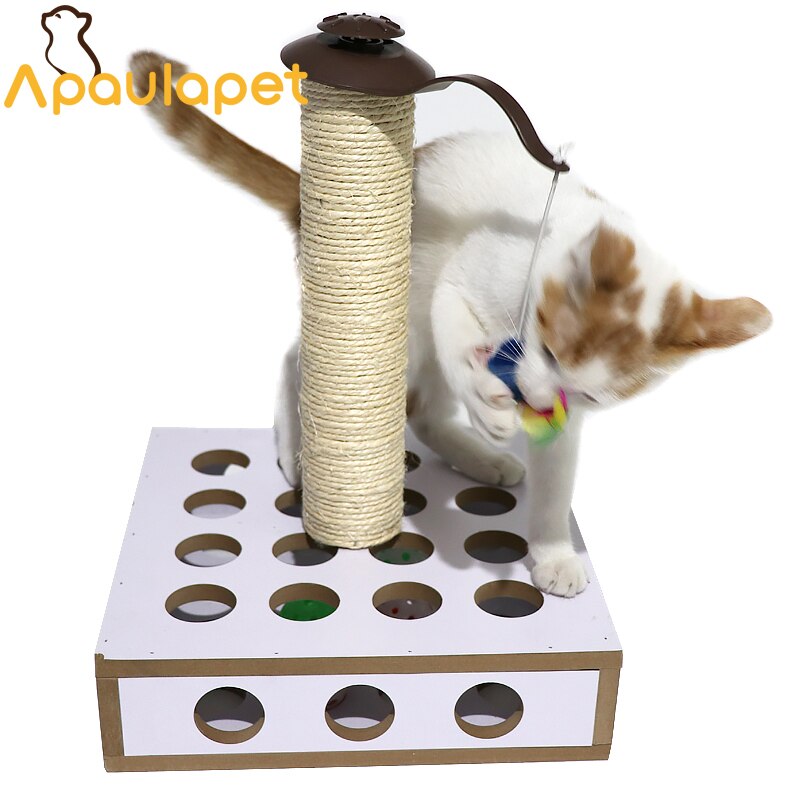 APAUALPET Pet Toy 12 Holes Cat Disc Scratch Toy Kitten Training Board Wood Sisal Post Cat Furniture With Little Mouse Toy