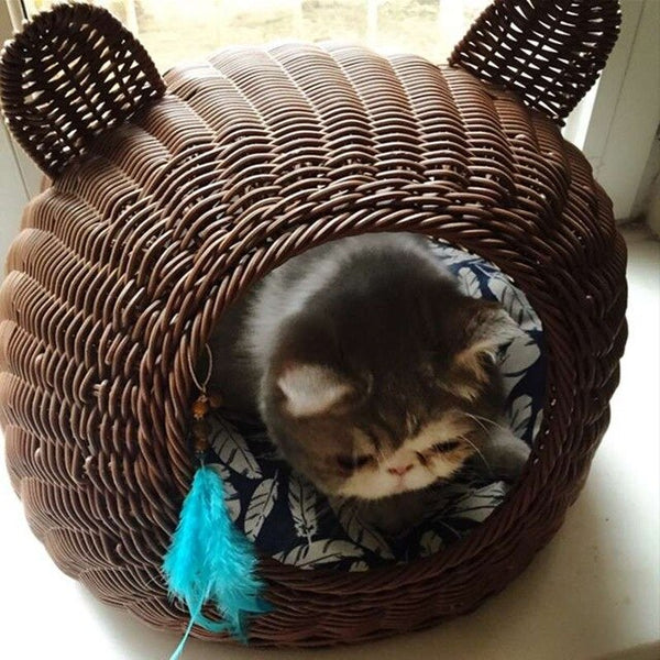 Pet Woven Cave Bed  Woven Imitation Wicker Pet House Basket Bed for Cat/Kitten/Puppy/Dog