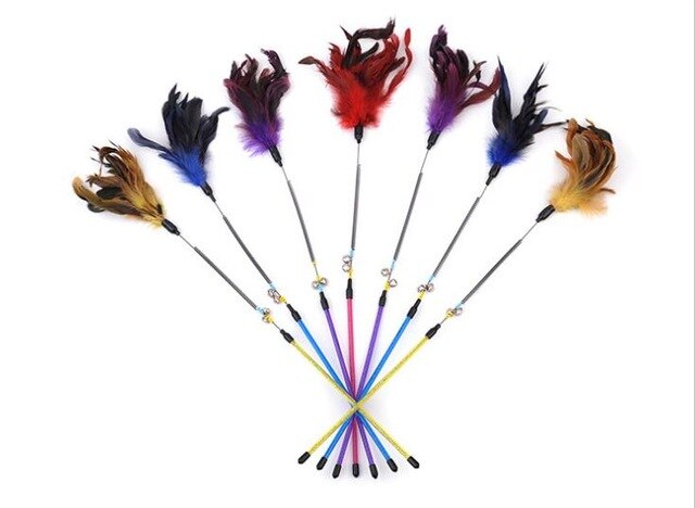 Acrylic Colorful Pet Cat Playing Toys Bell Feather Dangle Kitten Rod Toy Interactive Funny Hot Sale