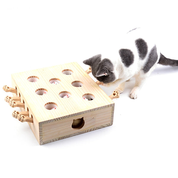 HEYPET New Cat Toys Pet Indoor Solid Wooden Cat Hunting Toy Interactive 3/5-holed Mouse Seat Scratch Interactive Cats Play Toy