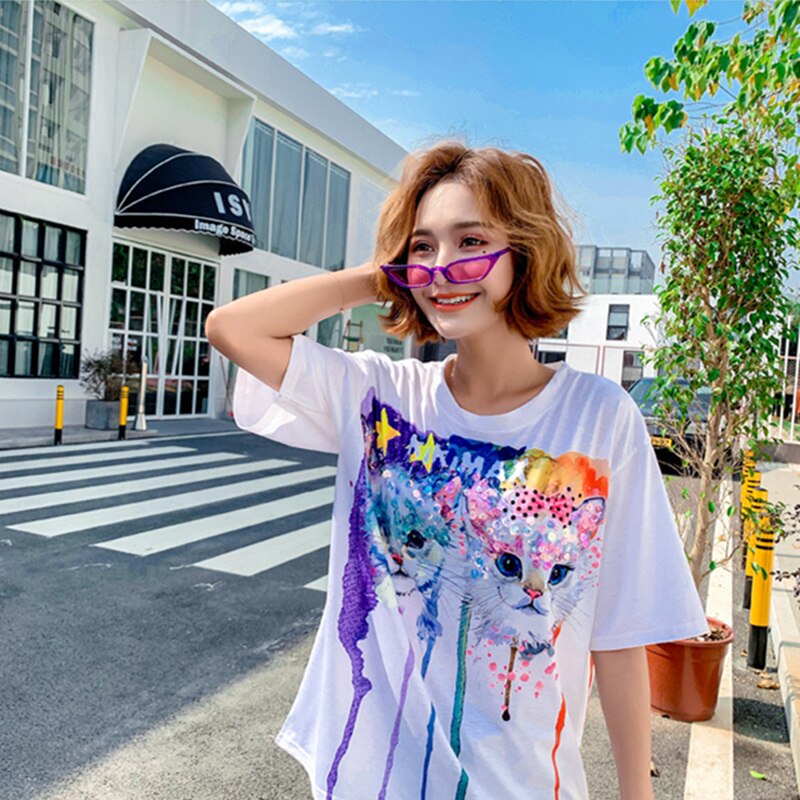 Tide Brand 2019 New Round Neck Cartoon Cat Print Sequins Short-Sleeved Bottoming Shirt Women Stree Style Loose Chic Tops D12