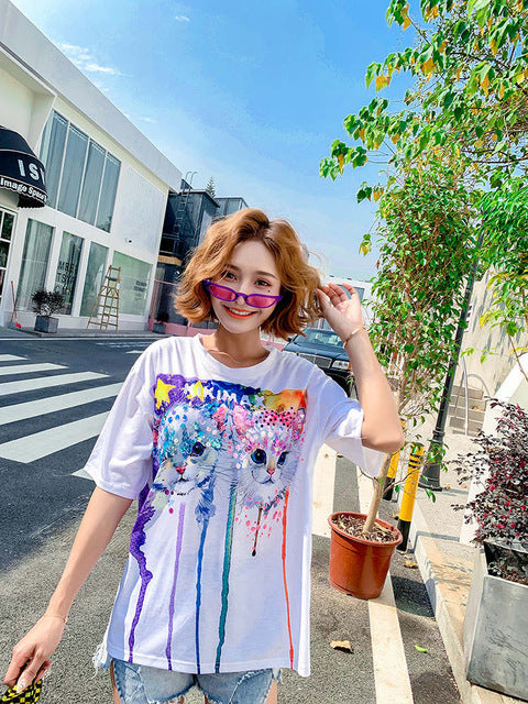 Tide Brand 2019 New Round Neck Cartoon Cat Print Sequins Short-Sleeved Bottoming Shirt Women Stree Style Loose Chic Tops D12