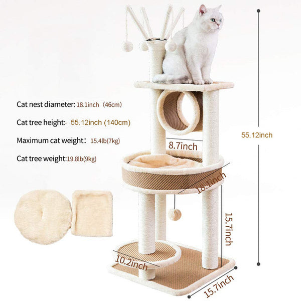 Multi-Level Cat Tree Tough Rattan Cat Tower with Big Cat Nest Cat Tree Branch Tunnel Cat Scratching Post for Large Cat