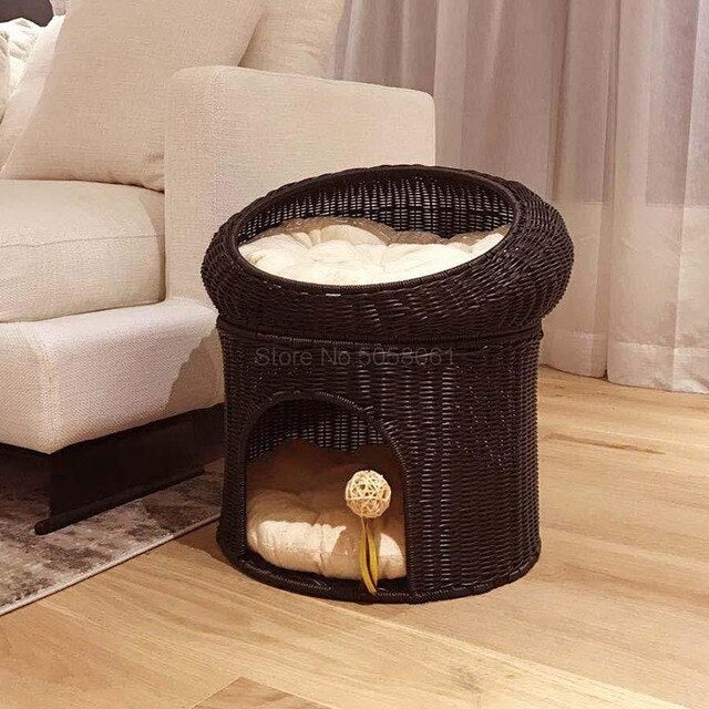 Closed summer double cat bed villa cat litter cat house cat climbing frame resistant to scratchable washable rattan dog house