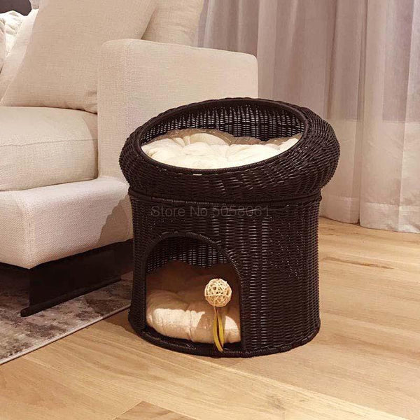 Closed summer double cat bed villa cat litter cat house cat climbing frame resistant to scratchable washable rattan dog house