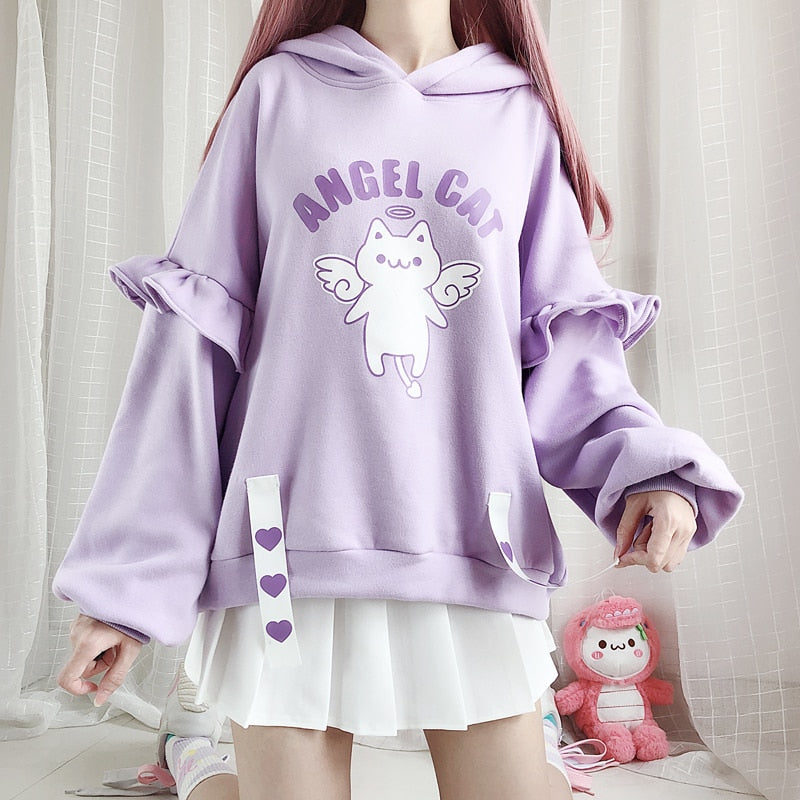 Harajuku Cute Angel Cats Printed Women's Plush Hoodies Young Girl Pullover Autumn Kawaii Ruffles Sleeve Hooded Sweatshirt