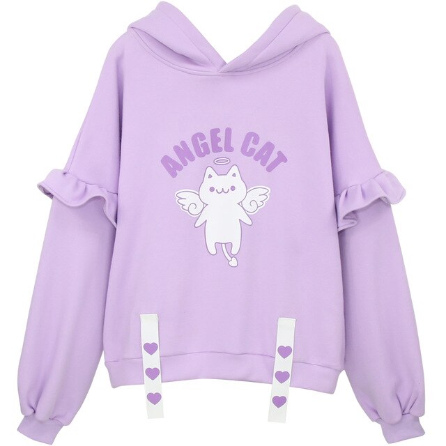Harajuku Cute Angel Cats Printed Women's Plush Hoodies Young Girl Pullover Autumn Kawaii Ruffles Sleeve Hooded Sweatshirt