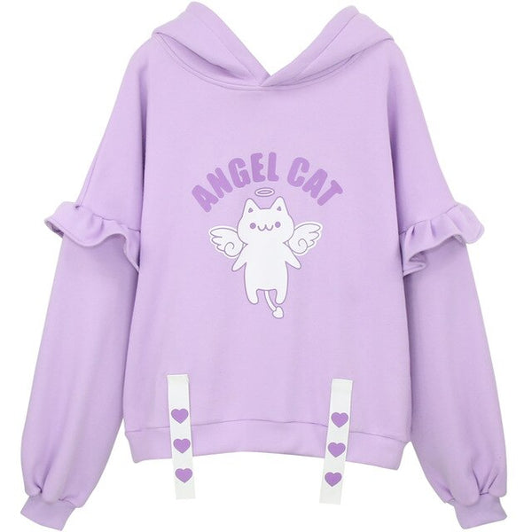 Harajuku Cute Angel Cats Printed Women's Plush Hoodies Young Girl Pullover Autumn Kawaii Ruffles Sleeve Hooded Sweatshirt