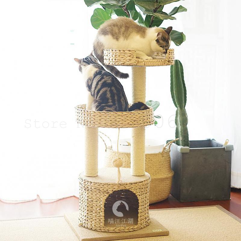 Catry Carey Small Natural Cattail Rattan Cat Climbing Shelf Luxury Cat Villa