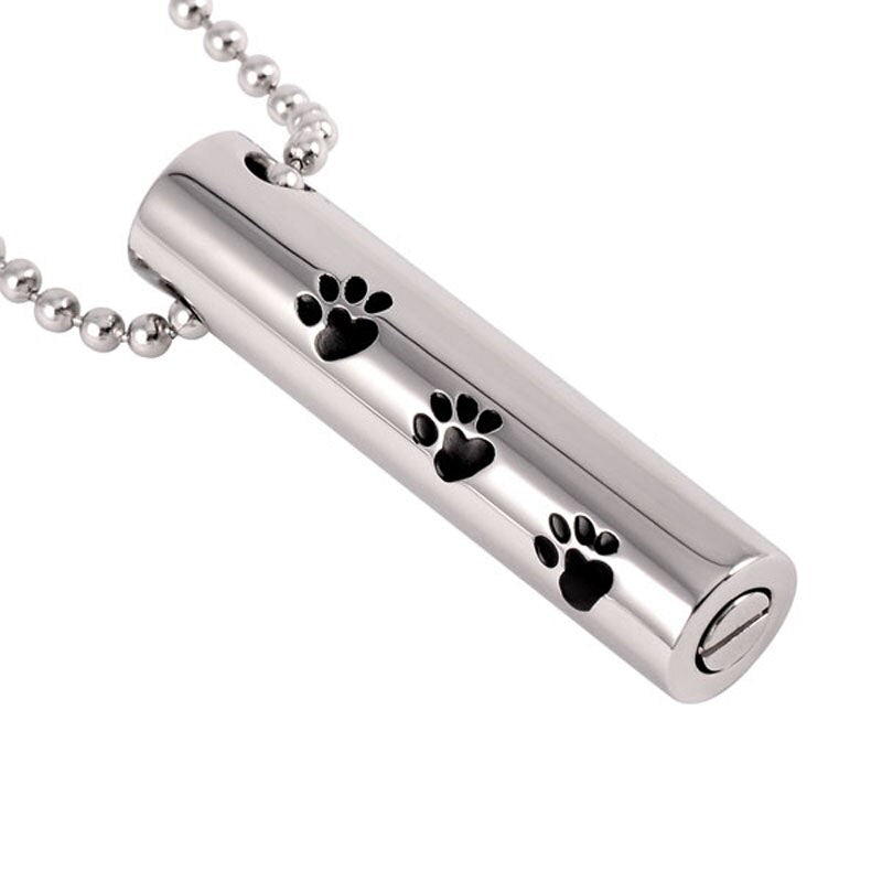 IJD2473 Dog/Cat Paw Print Cylinder Cremation Jewelry - CHEAP WHOLESALE Stainless Steel Pet Memorial Urn Necklace For  Ashes