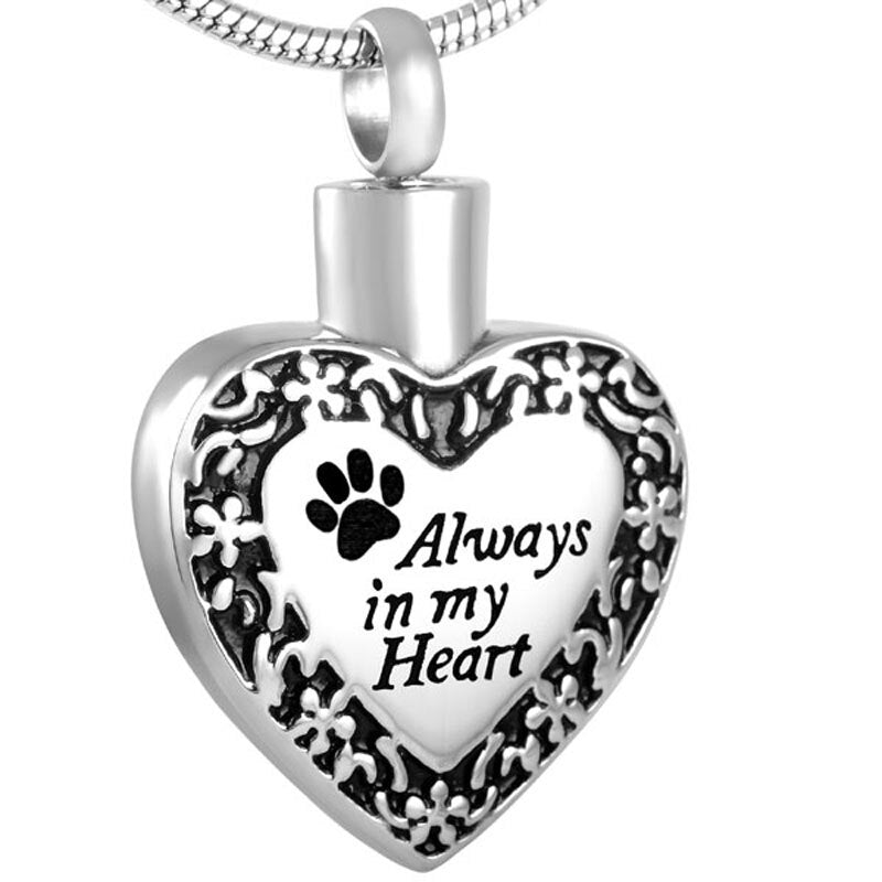 IJD8480 Bulk Wholesale Dog/Cat Paw Print Always In My Heart Stainless Steel Memorial Urn Necklace For Pet Of Cremation Ashes