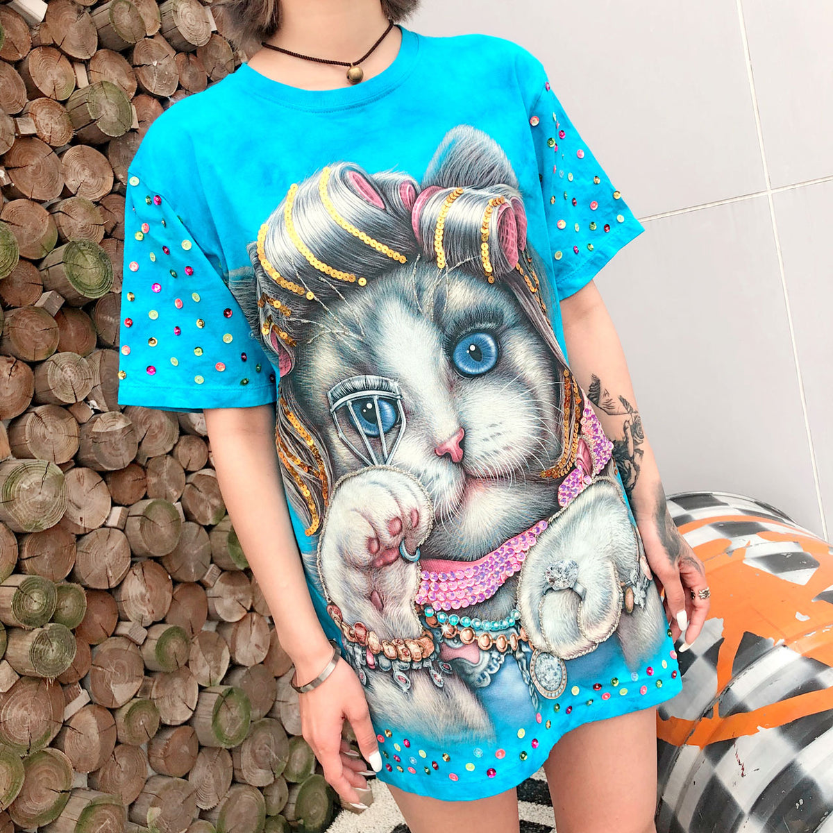 European station tide brand 2019 spring and summer new Thai printing cat handmade sequined cotton pullover top T