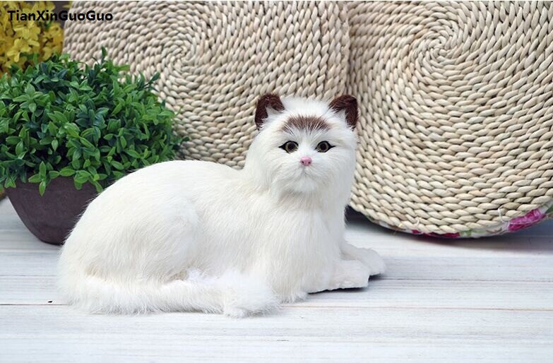 large 31x17x18cm white lovely prone cat hard model polyethylene&furs simulation cat craft home furnishing decoration gift s1364