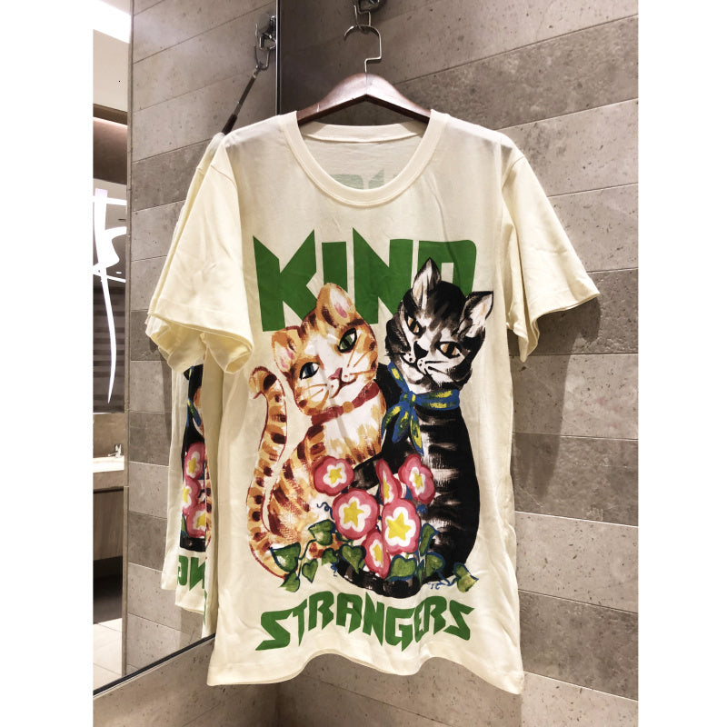 2019 new casual T-shirt short-sleeved summer basic Oil painting cat print cotton T-shirt casual loose top