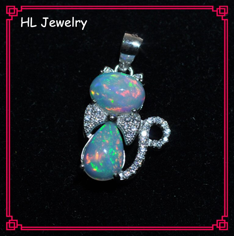 925 Sterling Silver Love Cat Pendant Necklace 6*8 Oval  Pear Cabochon Natural Fire White Opal  Stone Inlay Necklace