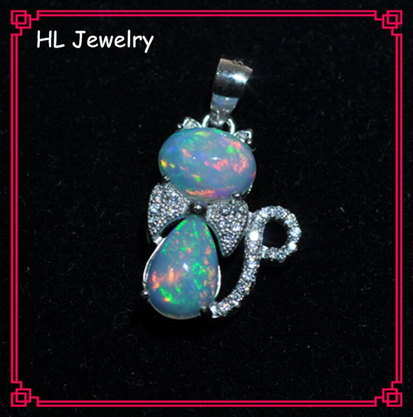 925 Sterling Silver Love Cat Pendant Necklace 6*8 Oval  Pear Cabochon Natural Fire White Opal  Stone Inlay Necklace