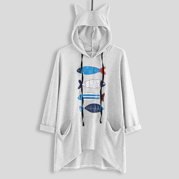 Exquisite Women's Sweatershirts Fashion Blouses Long Sleeve Fish Print Cat Ear Hoodie Sweatshirt Stylish Ladies Pullover Blouse