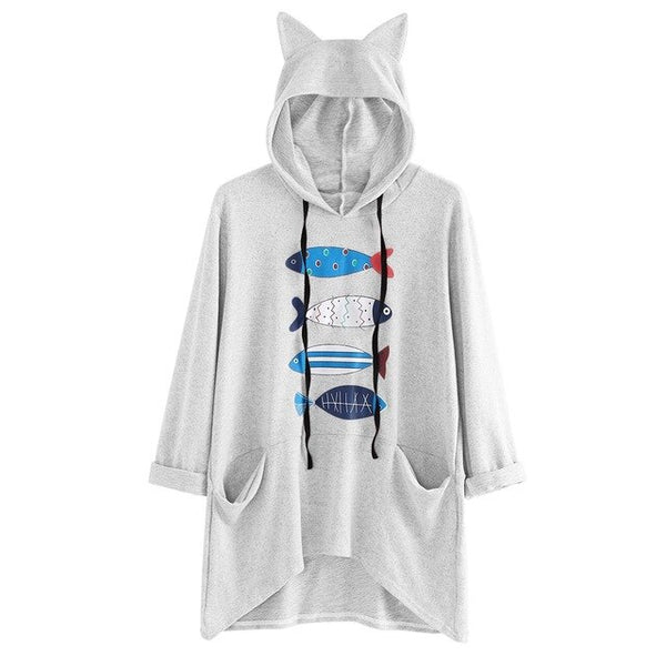 Exquisite Women's Sweatershirts Fashion Blouses Long Sleeve Fish Print Cat Ear Hoodie Sweatshirt Stylish Ladies Pullover Blouse