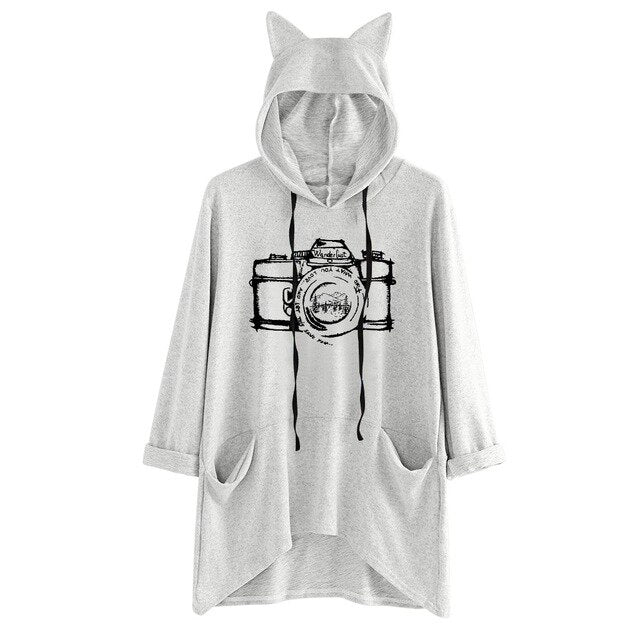 Exquisite Women's Sweatershirts Fashion Blouses Long Sleeve Fish Print Cat Ear Hoodie Sweatshirt Stylish Ladies Pullover Blouse