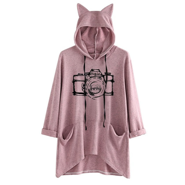 Exquisite Women's Sweatershirts Fashion Blouses Long Sleeve Fish Print Cat Ear Hoodie Sweatshirt Stylish Ladies Pullover Blouse