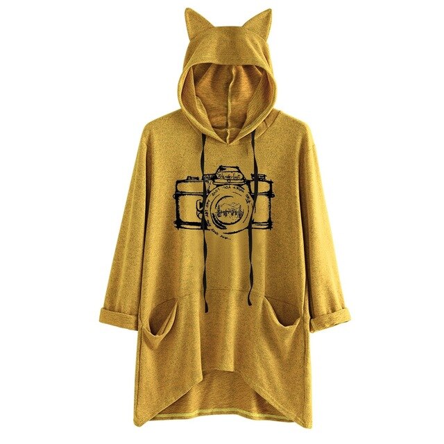 Exquisite Women's Sweatershirts Fashion Blouses Long Sleeve Fish Print Cat Ear Hoodie Sweatshirt Stylish Ladies Pullover Blouse