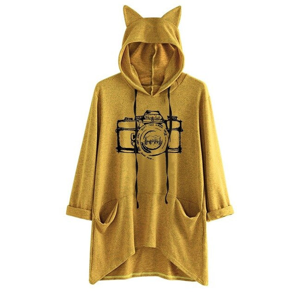Exquisite Women's Sweatershirts Fashion Blouses Long Sleeve Fish Print Cat Ear Hoodie Sweatshirt Stylish Ladies Pullover Blouse